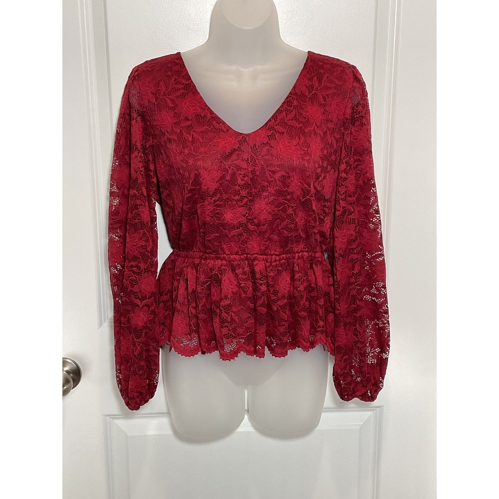 NWT Women's Red‎ Lace Peplum Crop V Neck Long Sleeve Blouse Top Medium Party M